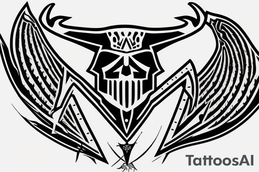 an assassin's creed pirate flag has a crest in the middle that has horns,scythes and spears tattoo idea