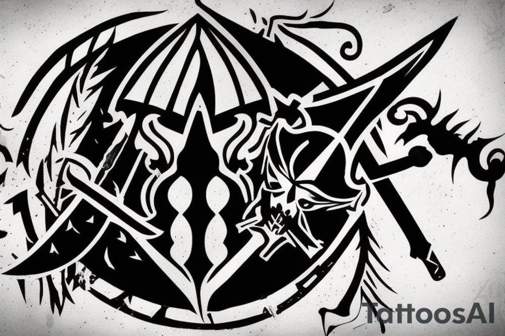 an assassin's creed pirate flag has a crest in the middle that has horns,scythes and spears tattoo idea