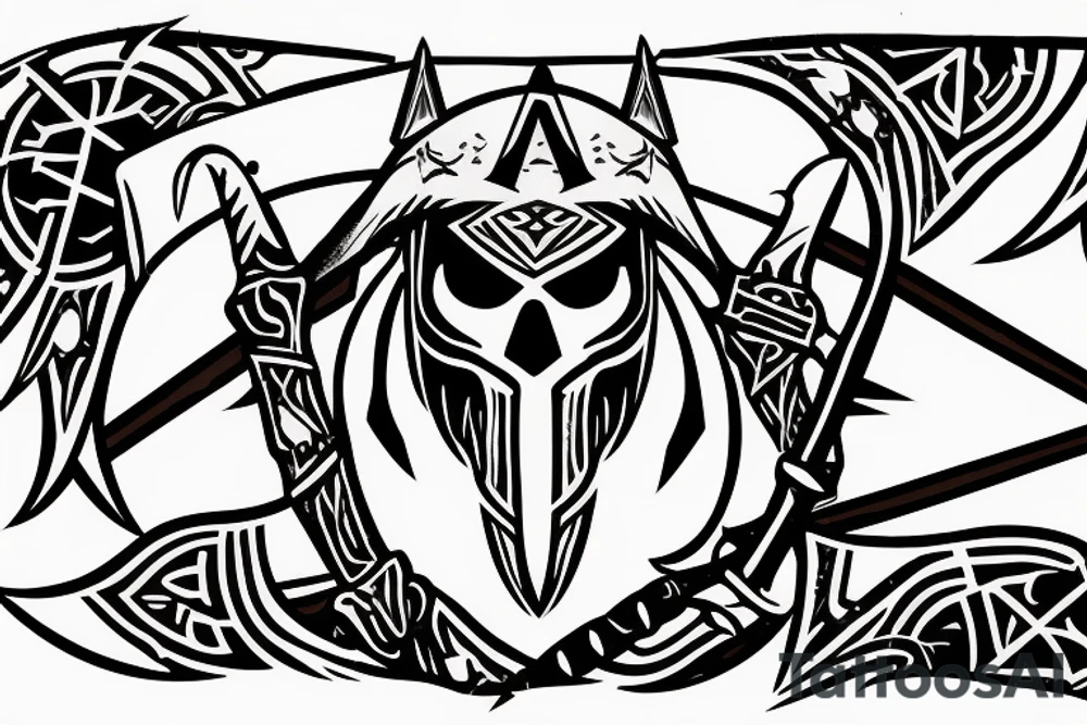 an assassin's creed pirate flag has a crest in the middle that has horns,scythes and spears tattoo idea