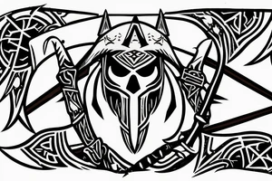 an assassin's creed pirate flag has a crest in the middle that has horns,scythes and spears tattoo idea