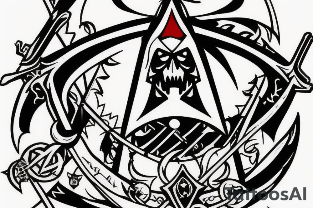 an assassin's creed pirate flag has a crest in the middle that has horns,scythes and spears tattoo idea