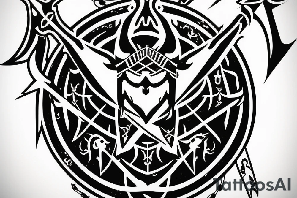 an assassin's creed pirate flag has a crest in the middle that has horns,scythes and spears tattoo idea