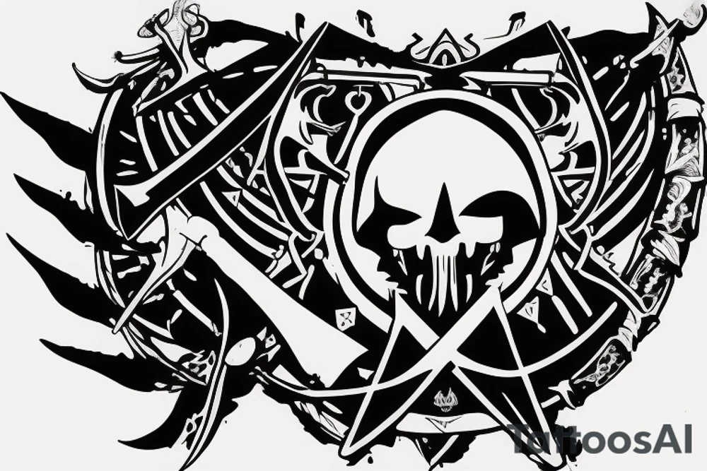an assassin's creed pirate flag has a crest in the middle that has horns,scythes and spears tattoo idea