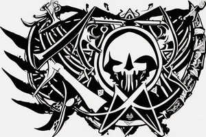 an assassin's creed pirate flag has a crest in the middle that has horns,scythes and spears tattoo idea