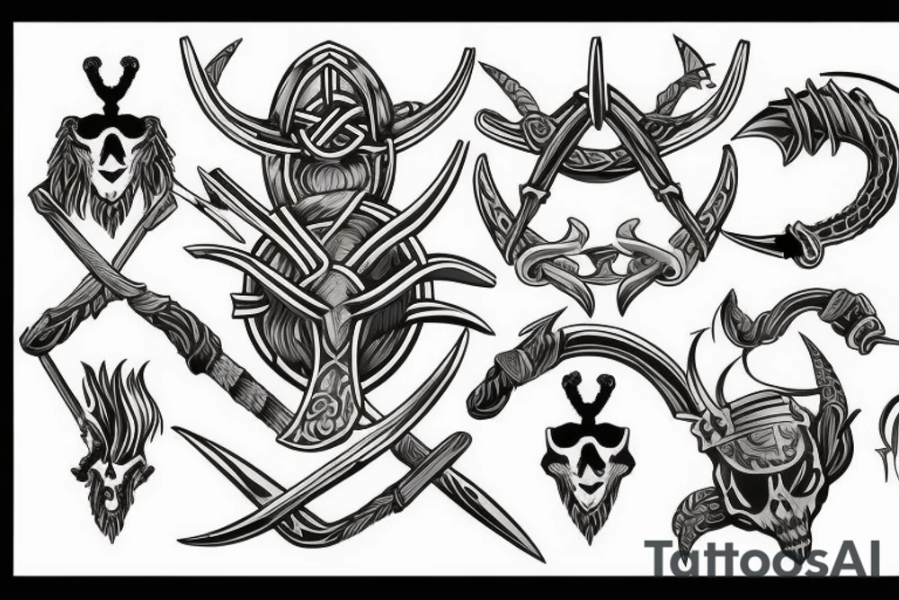 a viking crest that has horns,scythes and spears tattoo idea