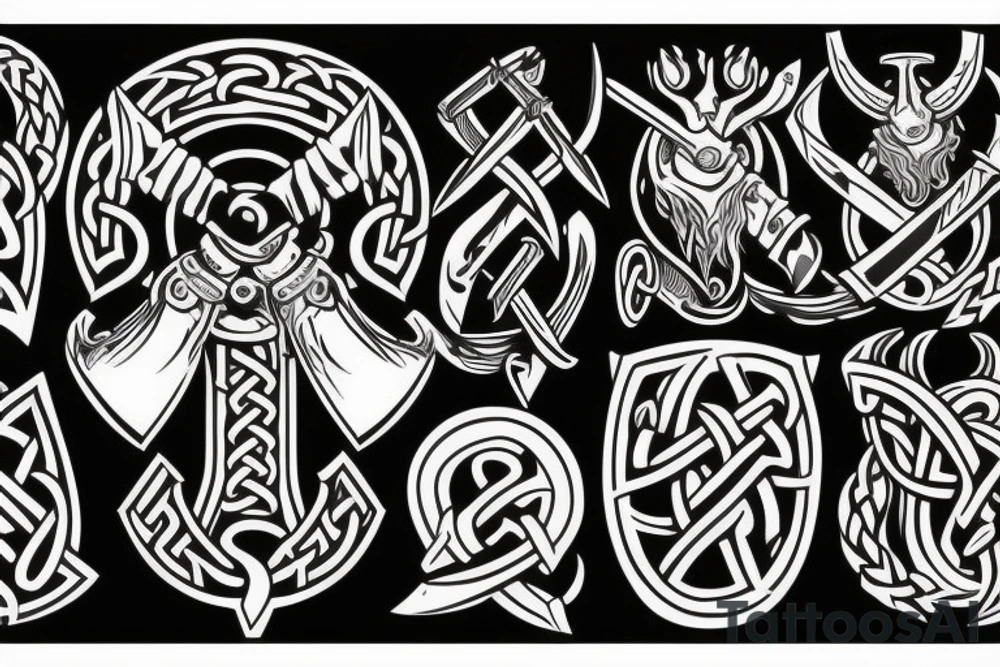 a viking crest that has horns,scythes and spears tattoo idea