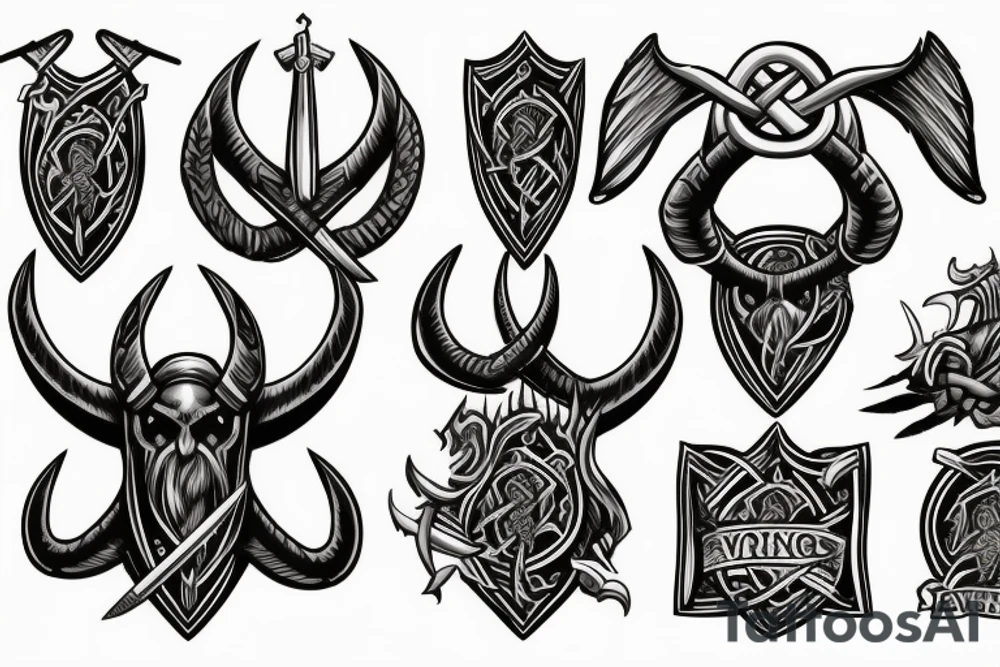 a viking crest that has horns,scythes and spears tattoo idea