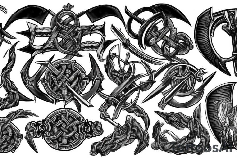 a viking crest that has horns,scythes and spears tattoo idea