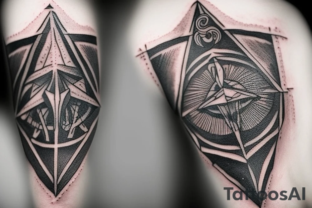 There are 5 separate objects in this tattoo: a phoenix, an illuminati triangle, a justice scale, keys, a octopus. it is rather a vertical tattoo, black and white. On the top of it, there will be a phoenix with the words "post-tenebras lux" written in it. Down, there will be some papal crossed keys. Down, there will be a triangle with en eye it. In between the eye and the borders of the triangle, there is a black and white rainbow. On top corner of the triangle, there is a scale of justice. Around the triangle, there are 5 octopus legs. In each leg there is a word from this quote "si vis pacem para belum". tattoo idea