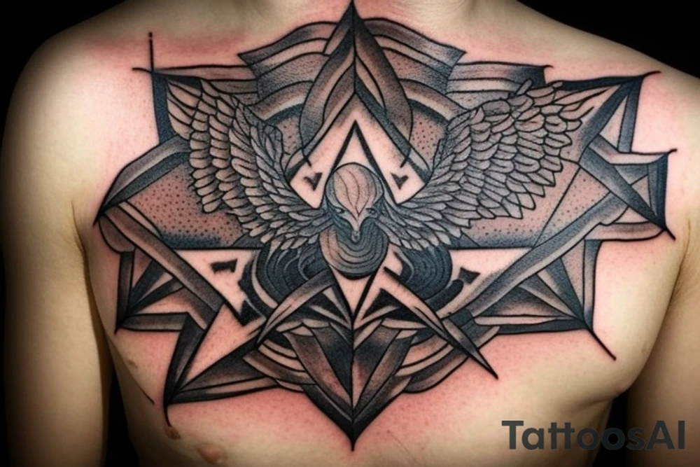 There are 5 separate objects in this tattoo: a phoenix, an illuminati triangle, a justice scale, keys, a octopus. it is rather a vertical tattoo, black and white. On the top of it, there will be a phoenix with the words "post-tenebras lux" written in it. Down, there will be some papal crossed keys. Down, there will be a triangle with en eye it. In between the eye and the borders of the triangle, there is a black and white rainbow. On top corner of the triangle, there is a scale of justice. Around the triangle, there are 5 octopus legs. In each leg there is a word from this quote "si vis pacem para belum". tattoo idea