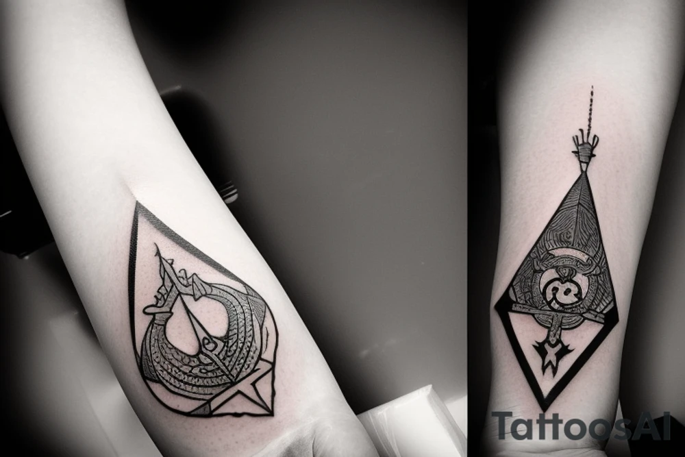 There are 5 separate objects in this tattoo: a phoenix, an illuminati triangle, a justice scale, keys, a octopus. it is rather a vertical tattoo, black and white. On the top of it, there will be a phoenix with the words "post-tenebras lux" written in it. Down, there will be some papal crossed keys. Down, there will be a triangle with en eye it. In between the eye and the borders of the triangle, there is a black and white rainbow. On top corner of the triangle, there is a scale of justice. Around the triangle, there are 5 octopus legs. In each leg there is a word from this quote "si vis pacem para belum". tattoo idea