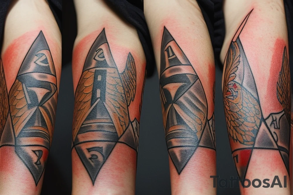 There are 5 separate objects in this tattoo: a phoenix, an illuminati triangle, a justice scale,  crossed keys, a octopus. On the top of it, there will be a phoenix with the words "post-tenebras lux" written in it. Down, there will be some papal crossed keys. Down, there will be a triangle with en eye it. In between the eye and the borders of the triangle, there is a black and white rainbow. On top corner of the triangle, there is a scale of justice. Around the triangle, there are 5 octopus legs. In each leg there is a word from this quote "si vis pacem para belum". tattoo idea