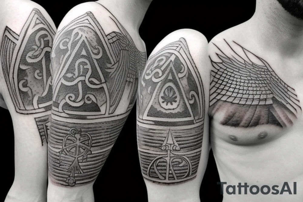 There are 5 separate objects in this tattoo: a phoenix, an illuminati triangle, a justice scale,  crossed keys, a octopus. On the top of it, there will be a phoenix with the words "post-tenebras lux" written in it. Down, there will be some papal crossed keys. Down, there will be a triangle with en eye it. On top corner of the triangle, there is a scale of justice. Around the triangle, there are 5 octopus legs. In each leg there is a word from this quote "si vis pacem para belum". tattoo idea