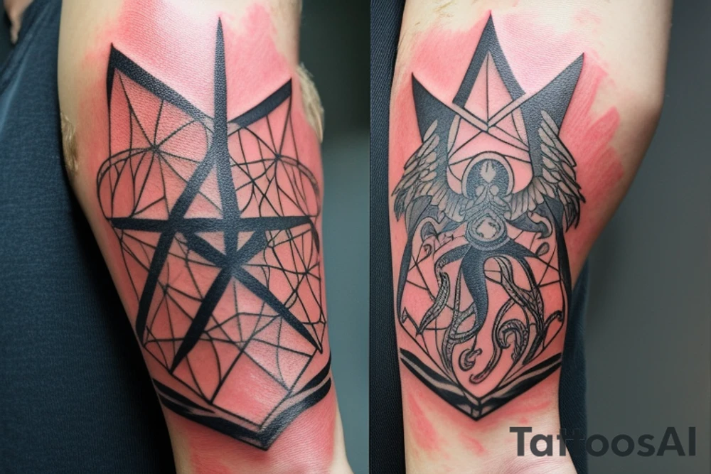 There are 5 separate objects in this tattoo: a phoenix, an illuminati triangle, a justice scale,  crossed keys, a octopus. On the top of it, there will be a phoenix with the words "post-tenebras lux" written in it. Down, there will be some papal crossed keys. Down, there will be a triangle with en eye it. On top corner of the triangle, there is a scale of justice. Around the triangle, there are 5 octopus legs. In each leg there is a word from this quote "si vis pacem para belum". tattoo idea