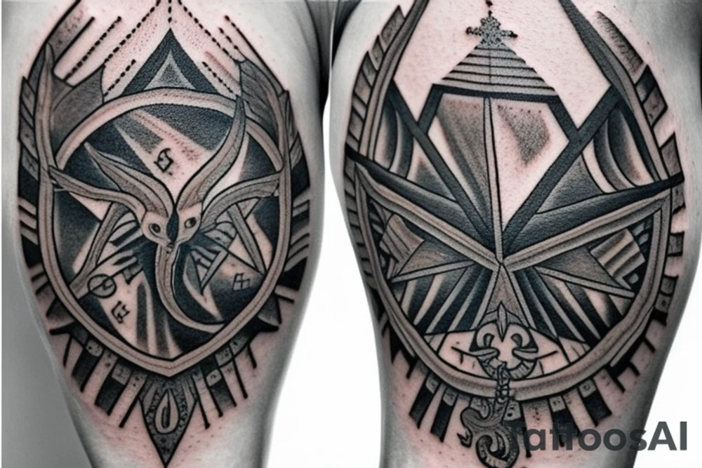 There are 5 separate objects in this tattoo: a phoenix, an illuminati triangle, a justice scale,  crossed keys, a octopus. 
On the top of it, there will be a phoenix with the words "post-tenebras lux" written in it. 

At the bottom of that, there will be some papal crossed keys. 
At the bottom of that, there will be a triangle with en eye it. 

Above the triangle, there is a scale of justice. Around the triangle, there are 5 octopus legs. In each leg there is a word from this quote "si vis pacem para belum". tattoo idea