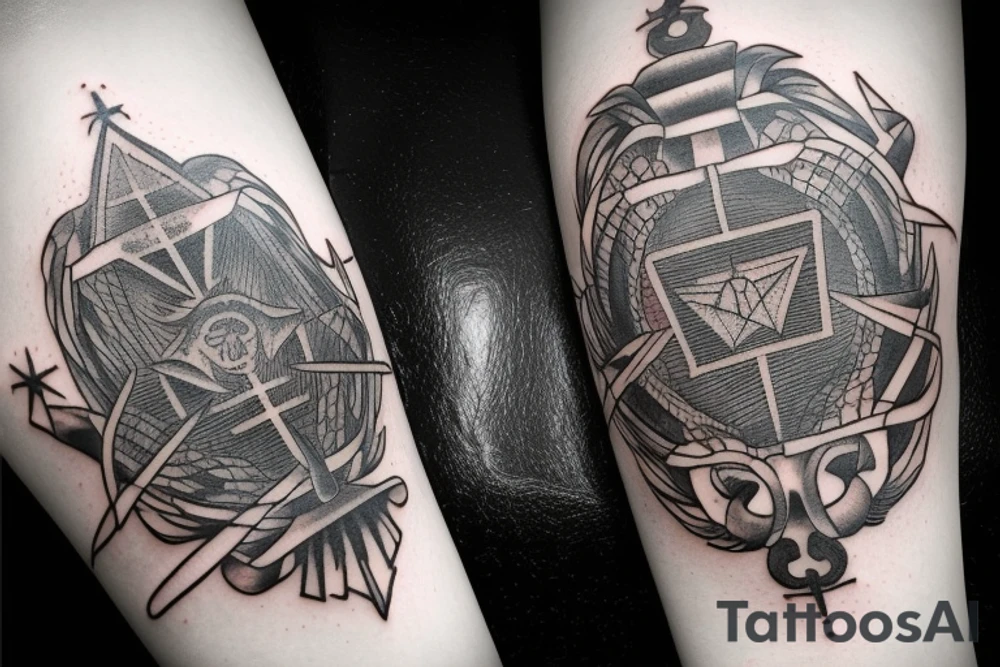 There are 5 separate objects in this tattoo: a phoenix, an illuminati triangle, a justice scale,  crossed keys, a octopus. 
On the top of it, there will be a phoenix with the words "post-tenebras lux" written in it. 

At the bottom of that, there will be some papal crossed keys. 
At the bottom of that, there will be a triangle with en eye it. 

Above the triangle, there is a scale of justice. Around the triangle, there are 5 octopus legs. In each leg there is a word from this quote "si vis pacem para belum". tattoo idea
