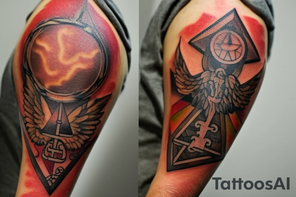 There are 5 separate objects in this tattoo: a phoenix, an illuminati triangle, a justice scale,  crossed keys, a octopus. 
On the top of it, there will be a phoenix with the words "post-tenebras lux" written in it. 

At the bottom of that, there will be some papal crossed keys. 
At the bottom of that, there will be a triangle with an illuminati eye.

Above the triangle, there is a scale of justice. Around the triangle, there are 5 octopus legs. In each leg there is a word from this quote "si vis pacem para belum". tattoo idea