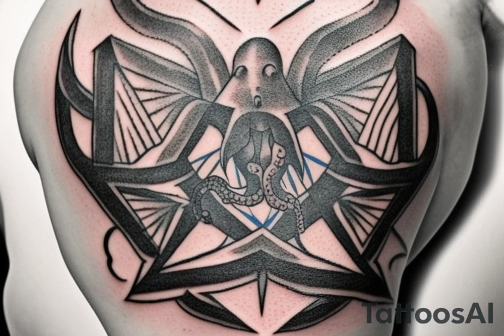 There are 5 separate objects in this tattoo: a phoenix, an illuminati triangle, a justice scale,  crossed keys, a octopus. 
On the top of it, there will be a phoenix with the words "post-tenebras lux" written in it. 

At the bottom of that, there will be some papal crossed keys. 
At the bottom of that, there will be a triangle with an illuminati eye.

Above the triangle, there is a scale of justice. Around the triangle, there are 5 octopus legs. In each leg there is a word from this quote "si vis pacem para belum". tattoo idea