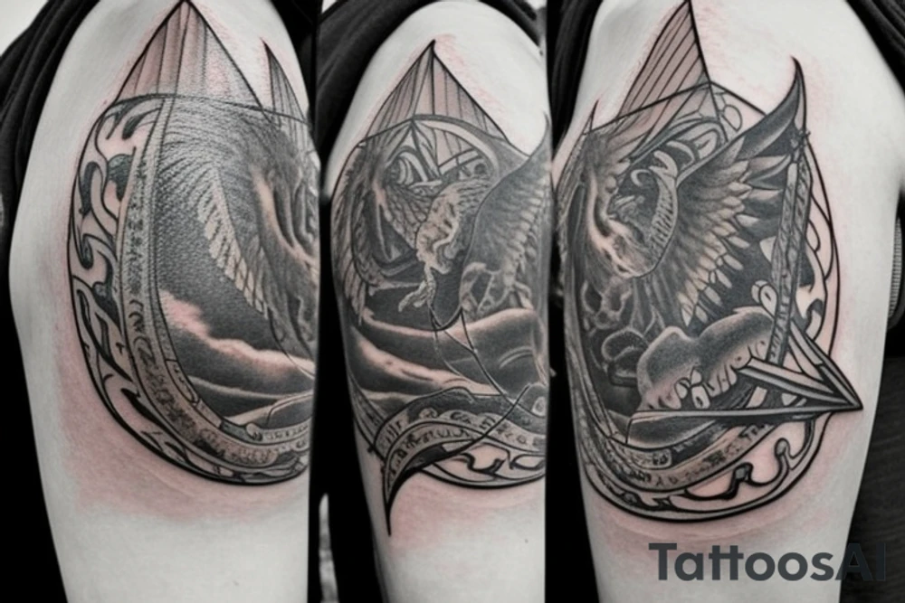 There are 5 separate objects in this tattoo: a phoenix, an illuminati triangle, a justice scale,  crossed keys, a octopus. 
On the top of it, there will be a phoenix with the words "post-tenebras lux" written in it. 

At the bottom of that, there will be some papal crossed keys. 
At the bottom of that, there will be a triangle with an illuminati eye.

Above the triangle, there is a scale of justice. Around the triangle, there are 5 octopus legs. In each leg there is a word from this quote "si vis pacem para belum". tattoo idea