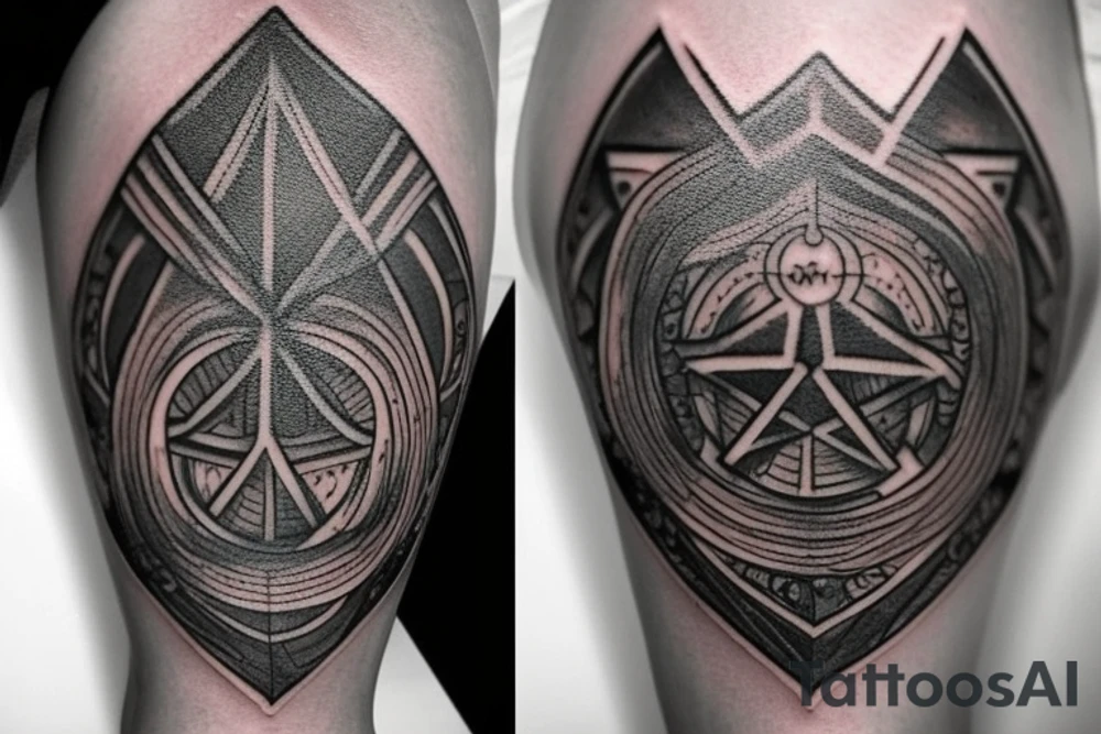 There are 5 separate objects in this tattoo: a phoenix, an illuminati triangle, a justice scale,  crossed keys, a octopus. 
On the top of it, there will be a phoenix with the words "post-tenebras lux" written in it. 

At the bottom of that, there will be some papal crossed keys. 
At the bottom of that, there will be a triangle with an illuminati eye.

Above the triangle, there is a scale of justice. Around the triangle, there are 5 octopus legs. In each leg there is a word from this quote "si vis pacem para belum". tattoo idea