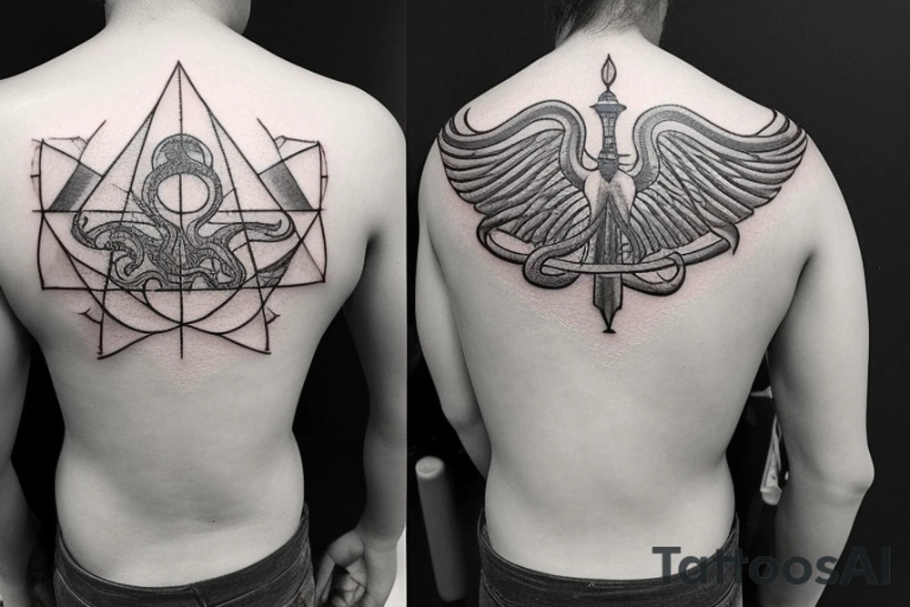 There are 5 separate objects in this tattoo: a phoenix, an illuminati triangle, a justice scale,  crossed keys, a octopus. 
On the top of it, there will be a phoenix with the words "post-tenebras lux" written in it. 

At the bottom of that, there will be some papal crossed keys. 
At the bottom of that, there will be a triangle with an illuminati eye.

Above the triangle, there is a scale of justice. Around the triangle, there are 5 octopus legs. In each leg there is a word from this quote "si vis pacem para belum". tattoo idea