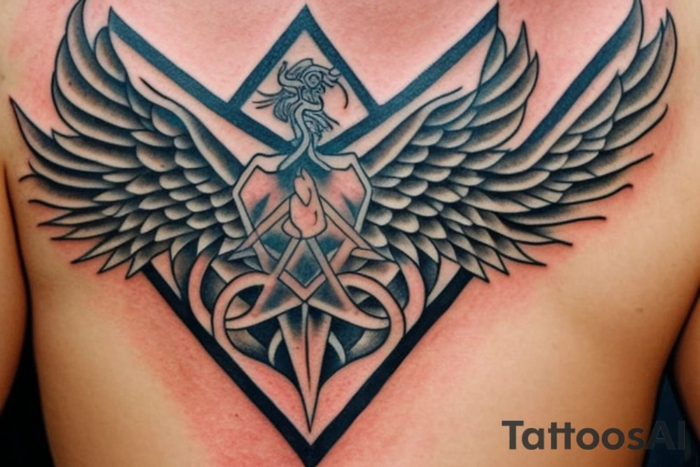 There are 5 separate objects in this tattoo: a phoenix, an illuminati triangle, a justice scale,  crossed keys, a octopus. And, there will be be 6 quotes: "post-tenebras lux" and "si vis pacem para belum".
On the top of it, there will be a phoenix with the words "post-tenebras lux" written in it. 

At the bottom of that, there will be some papal crossed keys. 
At the bottom of that, there will be a triangle with an illuminati eye.

Above the triangle, there is a scale of justice. Around the triangle, there are 5 octopus legs. In each leg there is a word from this quote "si vis pacem para belum". tattoo idea