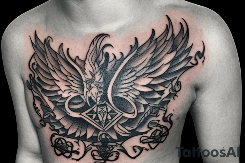 There are 5 separate objects in this tattoo: a phoenix, an illuminati triangle, a justice scale,  crossed keys, a octopus. And, there will be be 6 quotes: "post-tenebras lux" and "si vis pacem para belum".
On the top of it, there will be a phoenix with the words "post-tenebras lux" written in it. 

At the bottom of that, there will be some papal crossed keys. 
At the bottom of that, there will be a triangle with an illuminati eye.

Above the triangle, there is a scale of justice. Around the triangle, there are 5 octopus legs. In each leg there is a word from this quote "si vis pacem para belum". tattoo idea