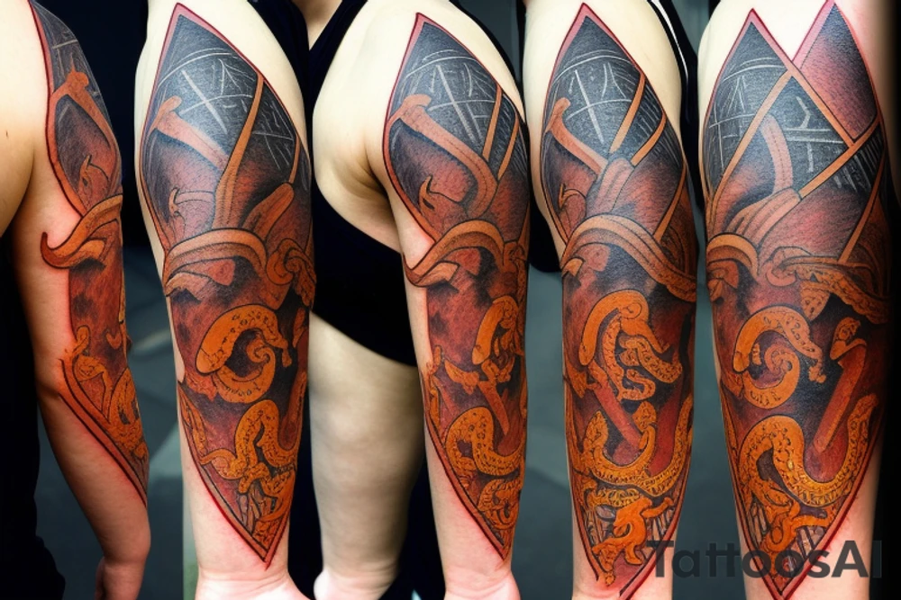 There are 5 separate objects in this tattoo: a phoenix, an illuminati triangle, a justice scale,  crossed keys, a octopus. And, there will be 2 wtitten quotes: "post-tenebras lux" and "si vis pacem para belum".
On the top of it, there will be a phoenix with the words "post-tenebras lux" written in it. 

At the bottom of that, there will be some papal crossed keys. 
At the bottom of that, there will be a triangle with an illuminati eye.

Above the triangle, there is a scale of justice. Around the triangle, there are 5 octopus legs. In each leg there is a word from this quote "si vis pacem para belum". tattoo idea