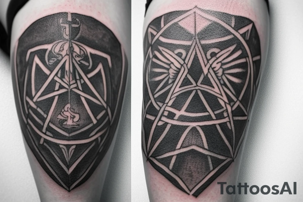 There are 5 separate objects in this tattoo: a phoenix, an illuminati triangle, a justice scale,  crossed keys, a octopus. And, there will be 2 wtitten quotes: "post-tenebras lux" and "si vis pacem para belum".
On the top of it, there will be a phoenix with the words "post-tenebras lux" written in it. 

At the bottom of that, there will be some papal crossed keys. 
At the bottom of that, there will be a triangle with an illuminati eye.

Above the triangle, there is a scale of justice. Around the triangle, there are 5 octopus legs. In each leg there is a word from this quote "si vis pacem para belum". tattoo idea