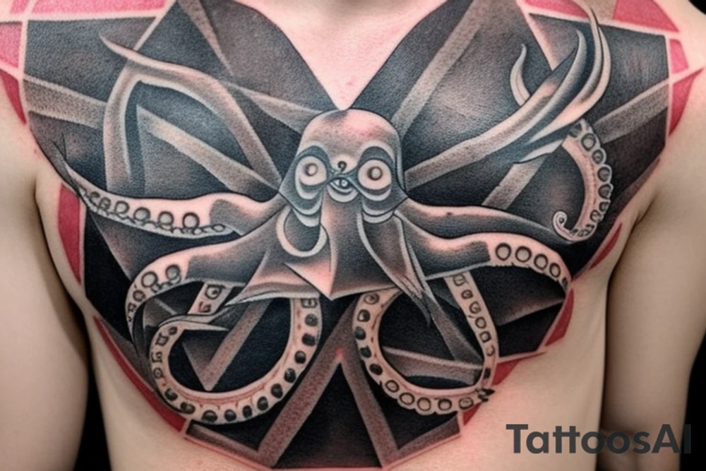 There are 5 separate objects in this tattoo: a phoenix, an illuminati triangle, a justice scale,  crossed keys, a octopus. And, there will be 2 wtitten quotes: "post-tenebras lux" and "si vis pacem para belum".
On the top of it, there will be a phoenix with the words "post-tenebras lux" written in it. 

At the bottom of that, there will be some papal crossed keys. 
At the bottom of that, there will be a triangle with an illuminati eye.

Above the triangle, there is a scale of justice. Around the triangle, there are 5 octopus legs. In each leg there is a word from this quote "si vis pacem para belum". tattoo idea
