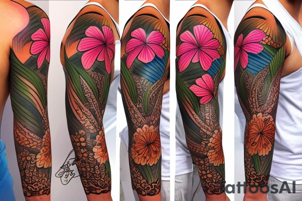 hawaiian flower sleeve tattoo idea