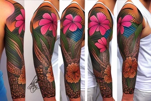 hawaiian flower sleeve tattoo idea
