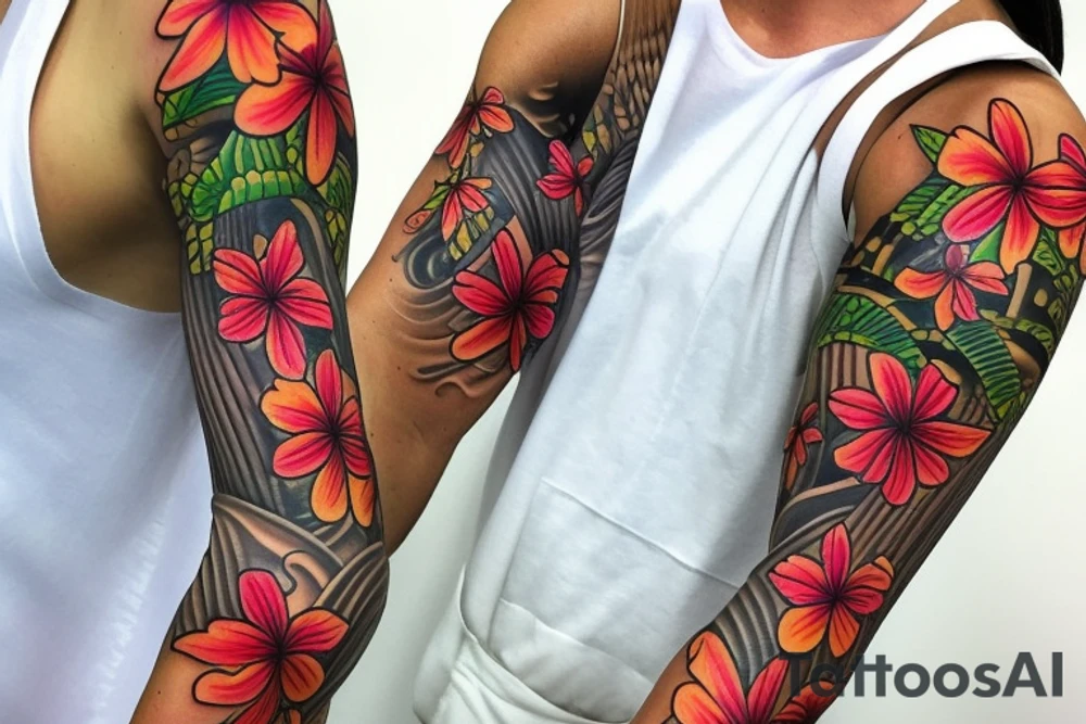 hawaiian flower sleeve tattoo idea