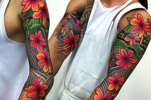 hawaiian flower sleeve tattoo idea