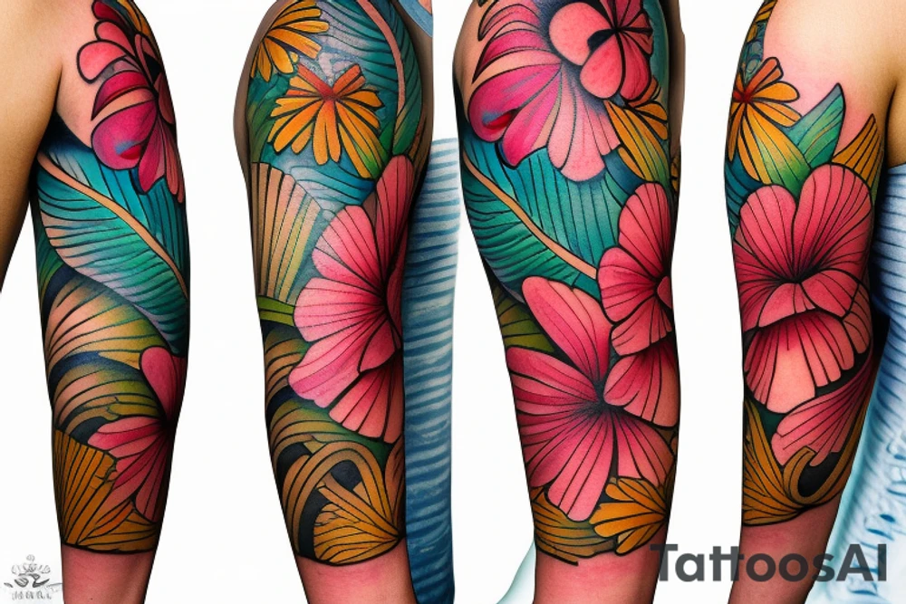 hawaiian flower sleeve tattoo idea