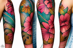 hawaiian flower sleeve tattoo idea