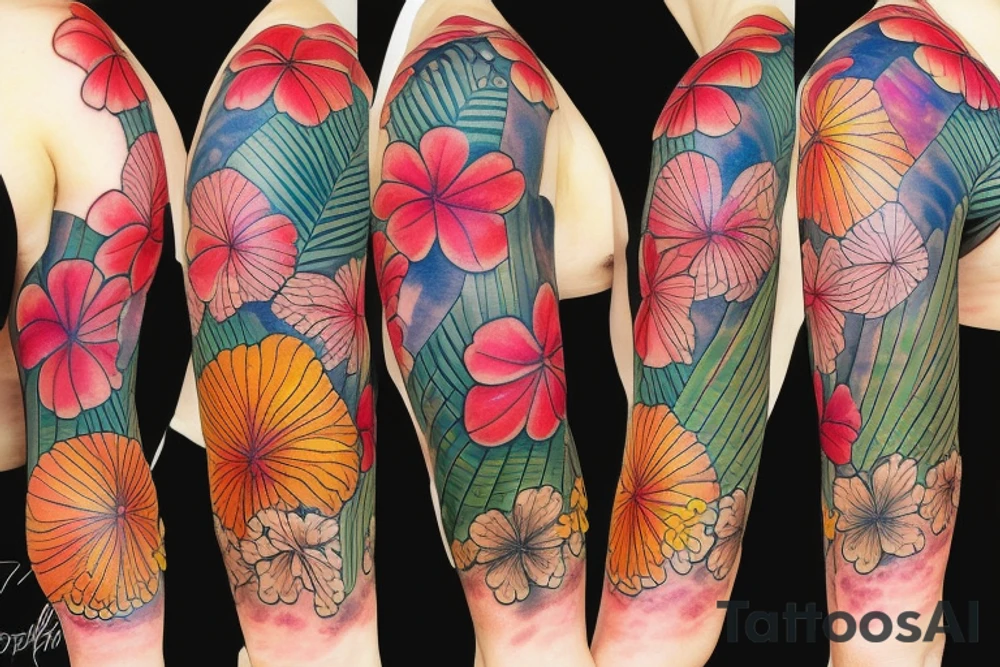 hawaiian flower sleeve tattoo idea