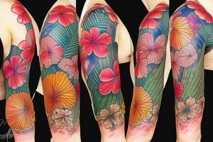hawaiian flower sleeve tattoo idea