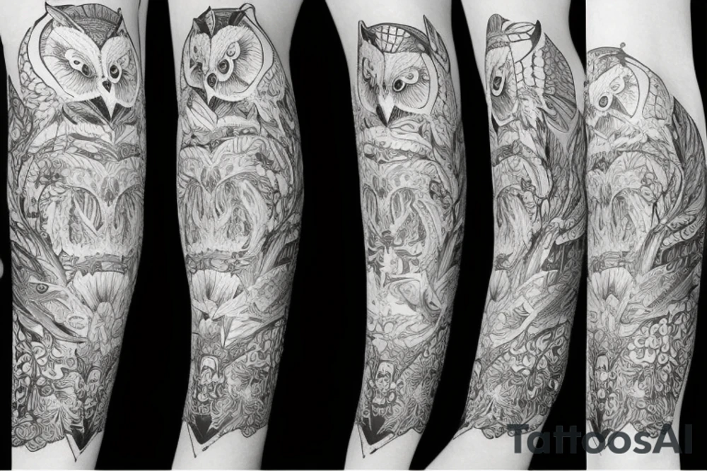 Left arm sleeve, for a female, with floral, owl, nature, evergreen, mountains tattoo idea
