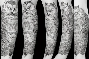 Left arm sleeve, for a female, with floral, owl, nature, evergreen, mountains tattoo idea