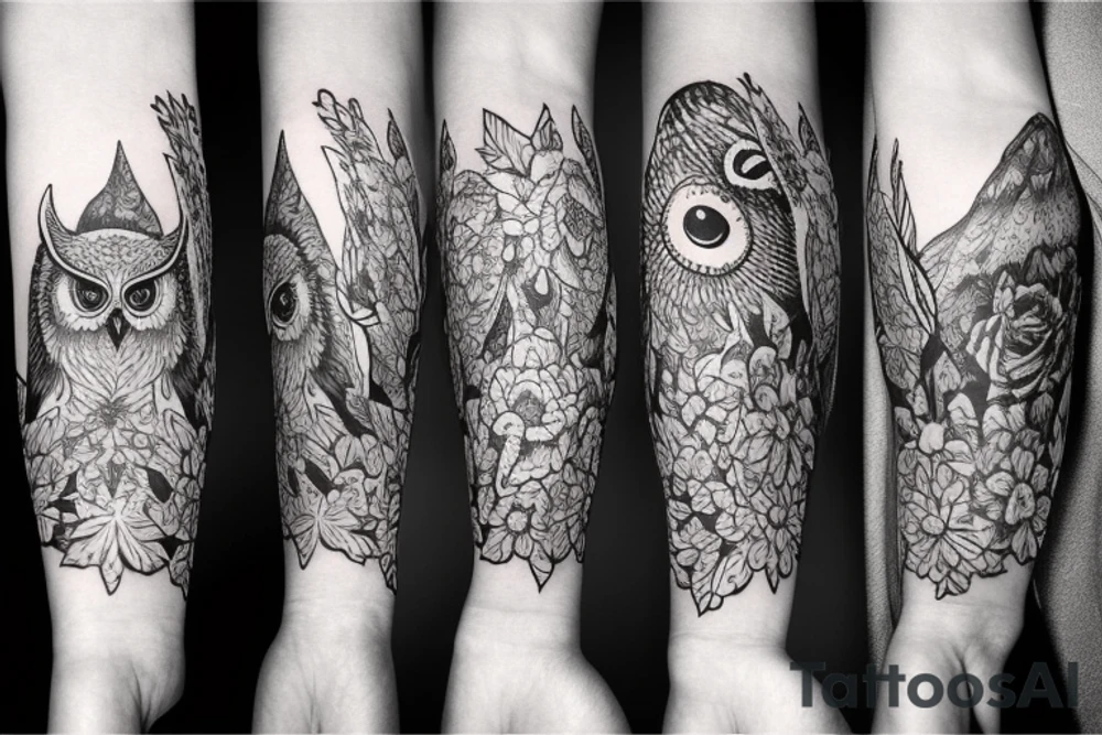 Left arm sleeve, for a female, with floral, owl, nature, evergreen, mountains tattoo idea