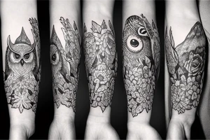 Left arm sleeve, for a female, with floral, owl, nature, evergreen, mountains tattoo idea