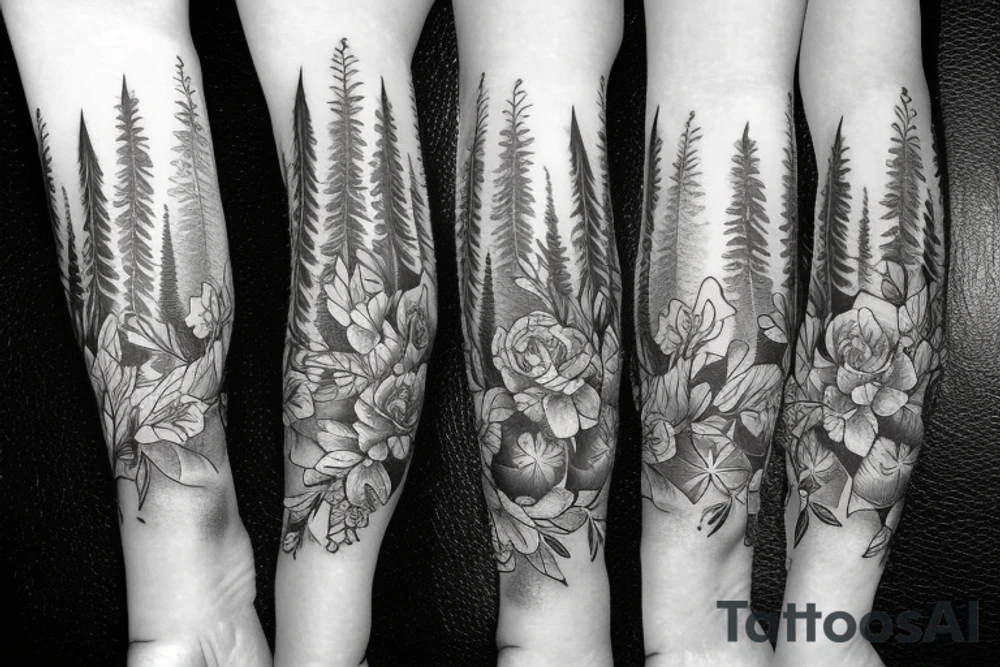 Left arm sleeve, for a female, with floral, nature, evergreen, mountains tattoo idea