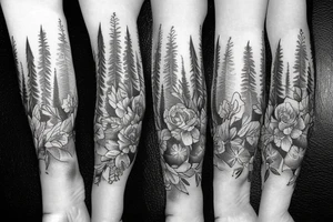 Left arm sleeve, for a female, with floral, nature, evergreen, mountains tattoo idea
