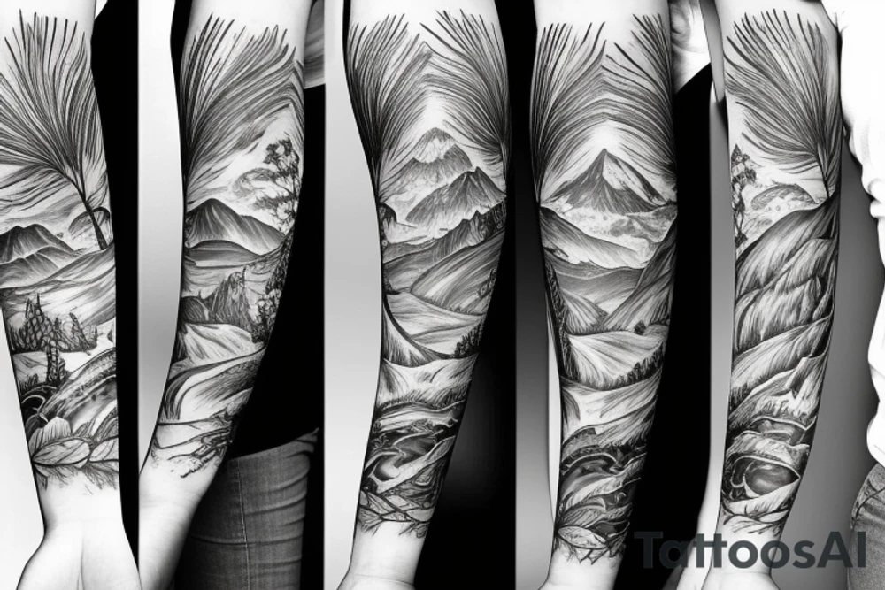 Left arm sleeve, for a female, with floral, nature, evergreen, mountains tattoo idea