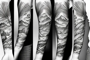 Left arm sleeve, for a female, with floral, nature, evergreen, mountains tattoo idea