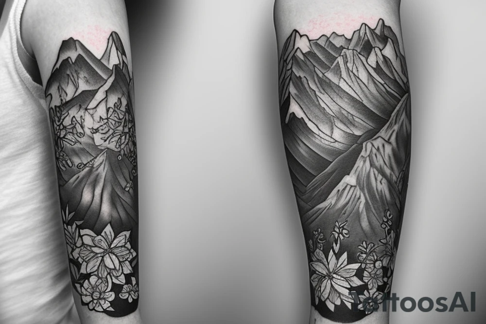 Left arm sleeve, for a female, with floral, nature, evergreen, mountains tattoo idea