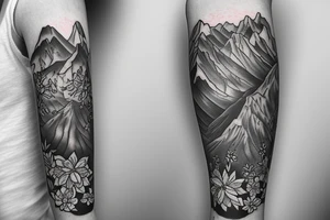 Left arm sleeve, for a female, with floral, nature, evergreen, mountains tattoo idea