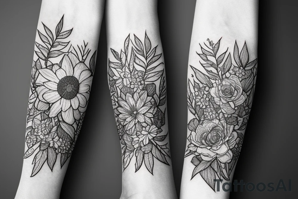 Left arm sleeve, for a female, with floral, nature, evergreen, mountains tattoo idea
