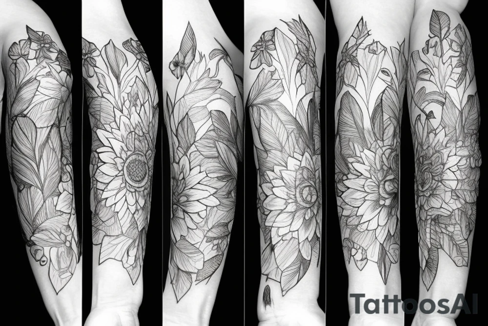 Left arm sleeve, for a female, with floral, nature, evergreen, mountains tattoo idea